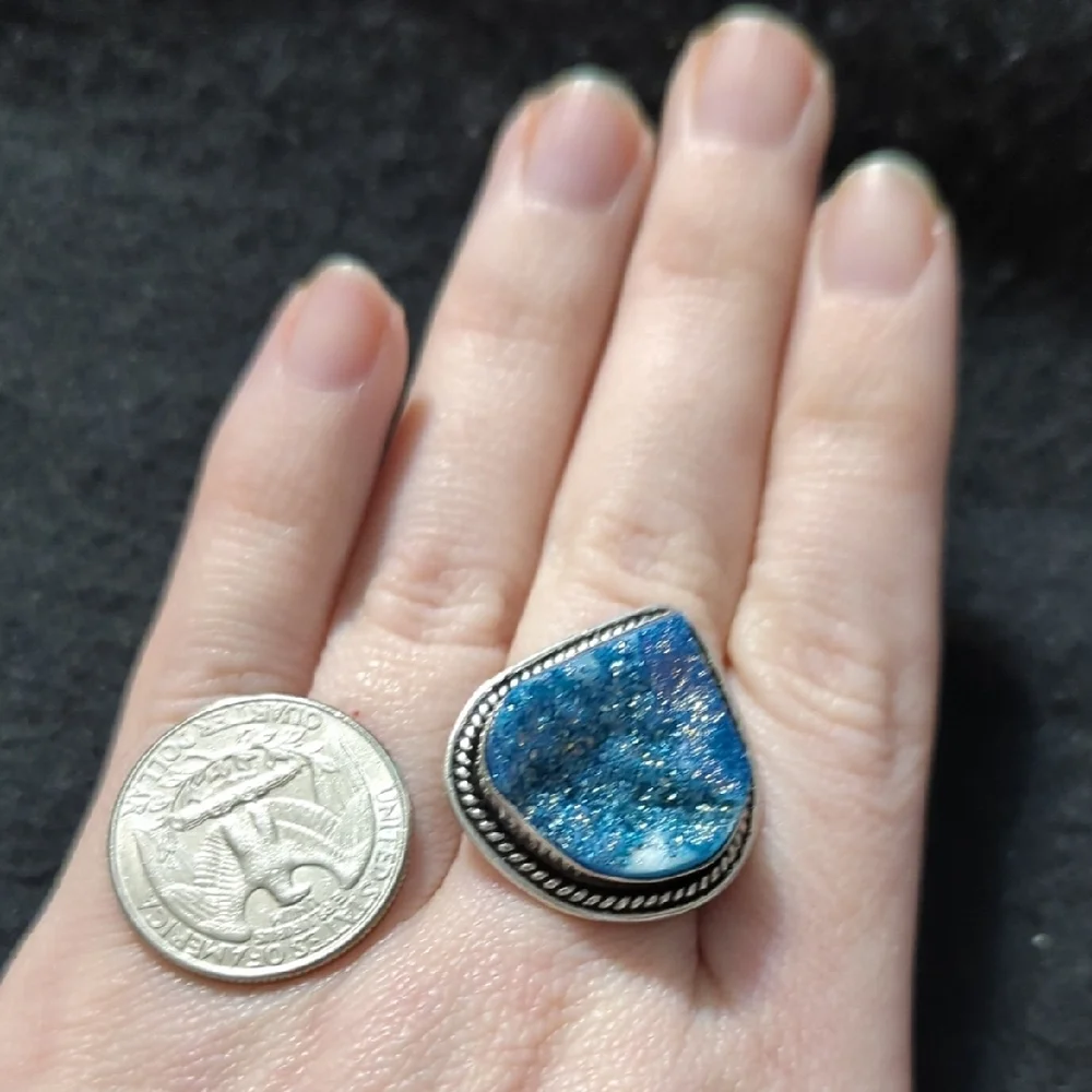 Silver Plated Blue Agate Druzy Gemstone Teardrop Statement Ring - Size 9